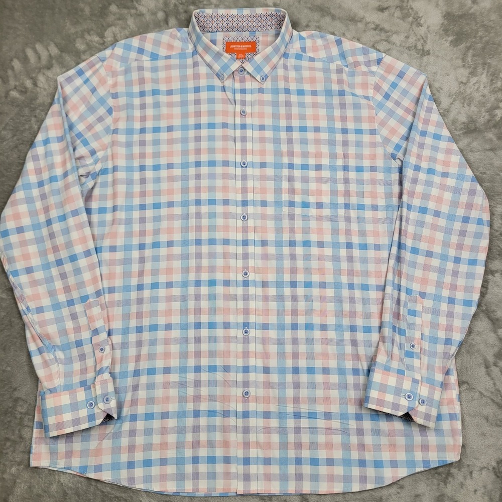 Johnston & Murphy Performance Blue Pink Men's 2XL Shirt Flip Cuff Long Sleeve